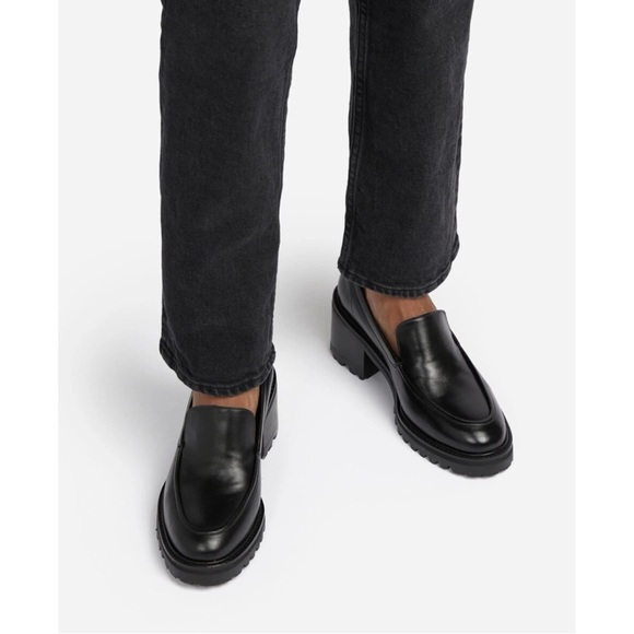 FLATTERED | Saga Black Leather Chunk Lug Sole Heeled Loafers | Sz 10 - Picture 2 of 16